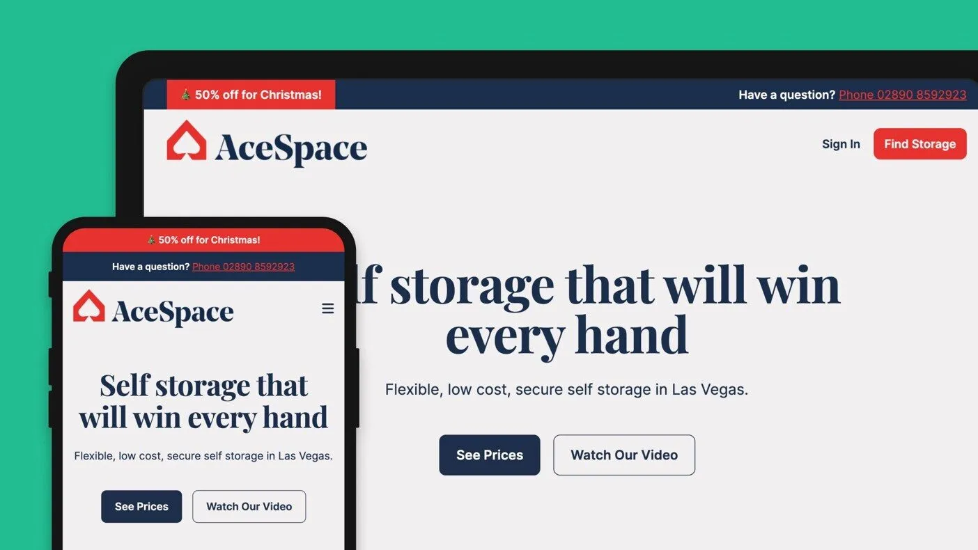 The AceSpace website showing an info bar above the main navigation
