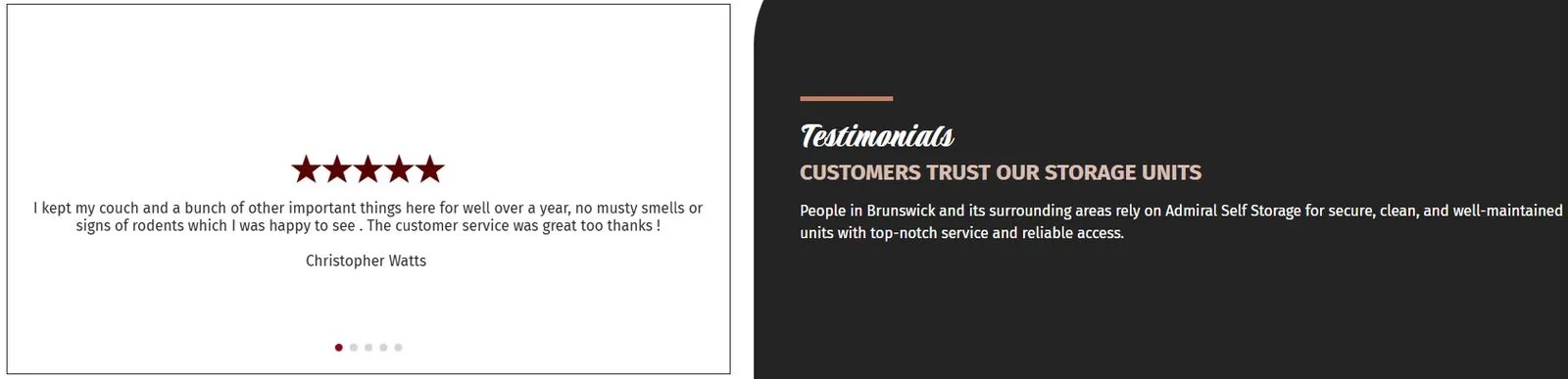 Admiral Self Storage showing customer testimonials in a rotating carousel