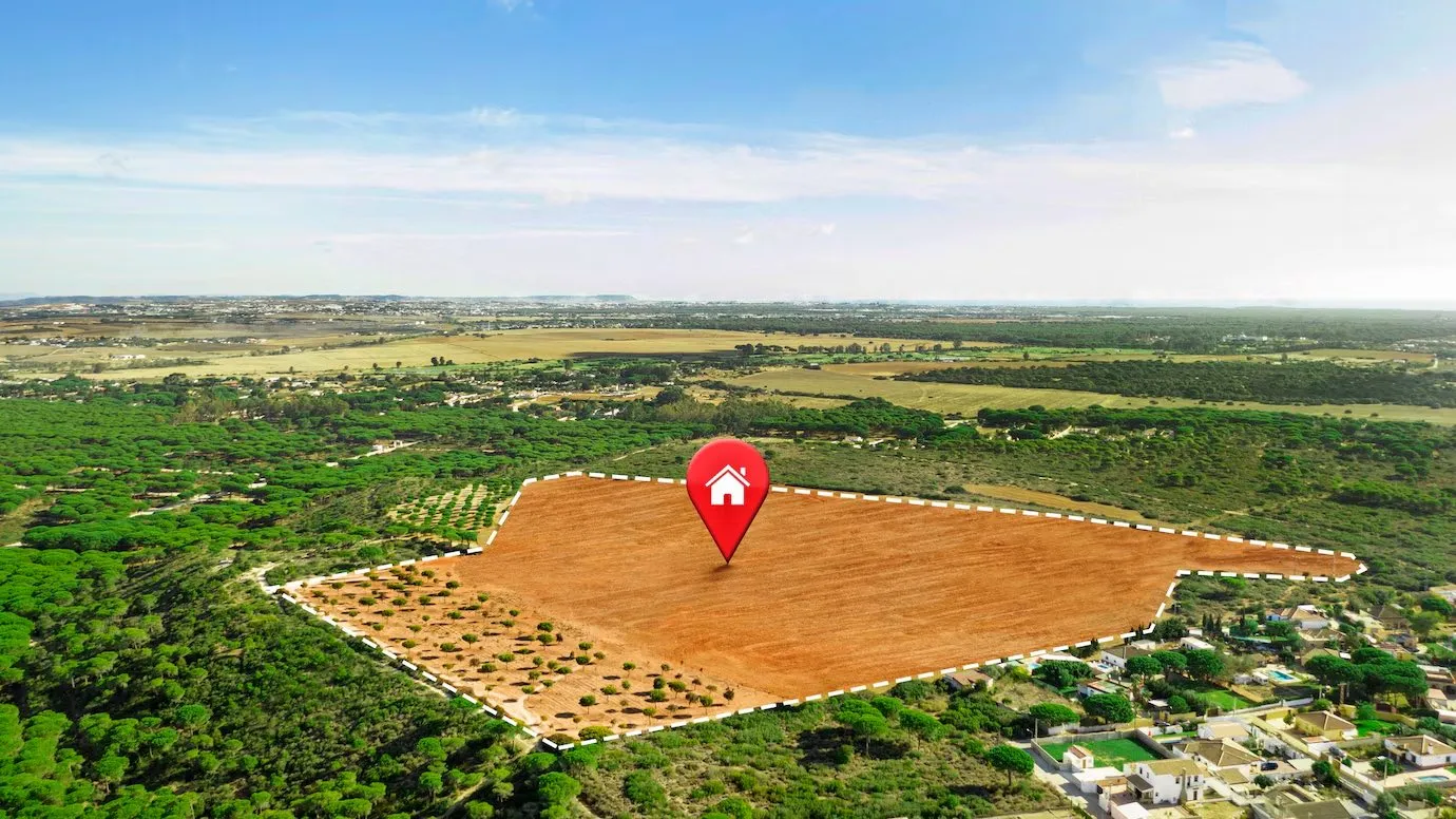 An aerial view of a cleared plot of land marked with a location pin