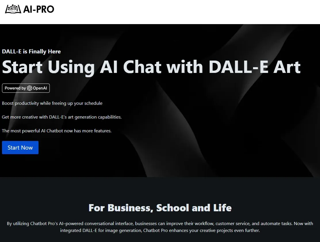 A page promoting an AI chat tool with DALL-E image generation