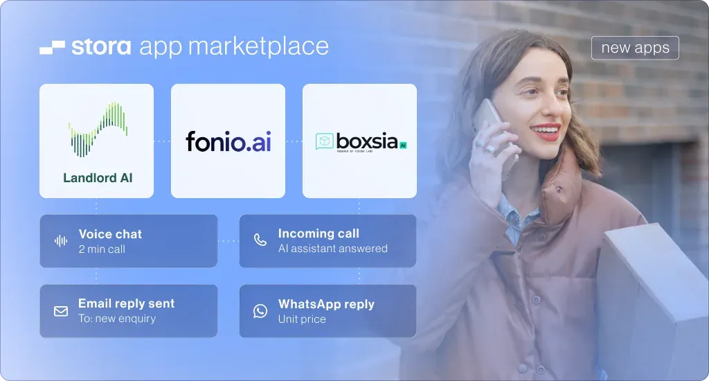 Landlord AI, fonio.ai and BoxsiaAI on the Stora App Marketplace, handling an incoming call, a WhatsApp reply and an email reply