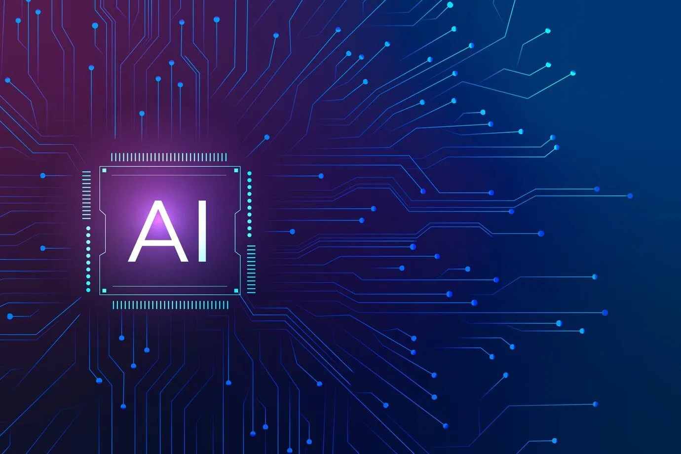 An illustration of a processor chip labelled AI at the centre of a glowing circuit board