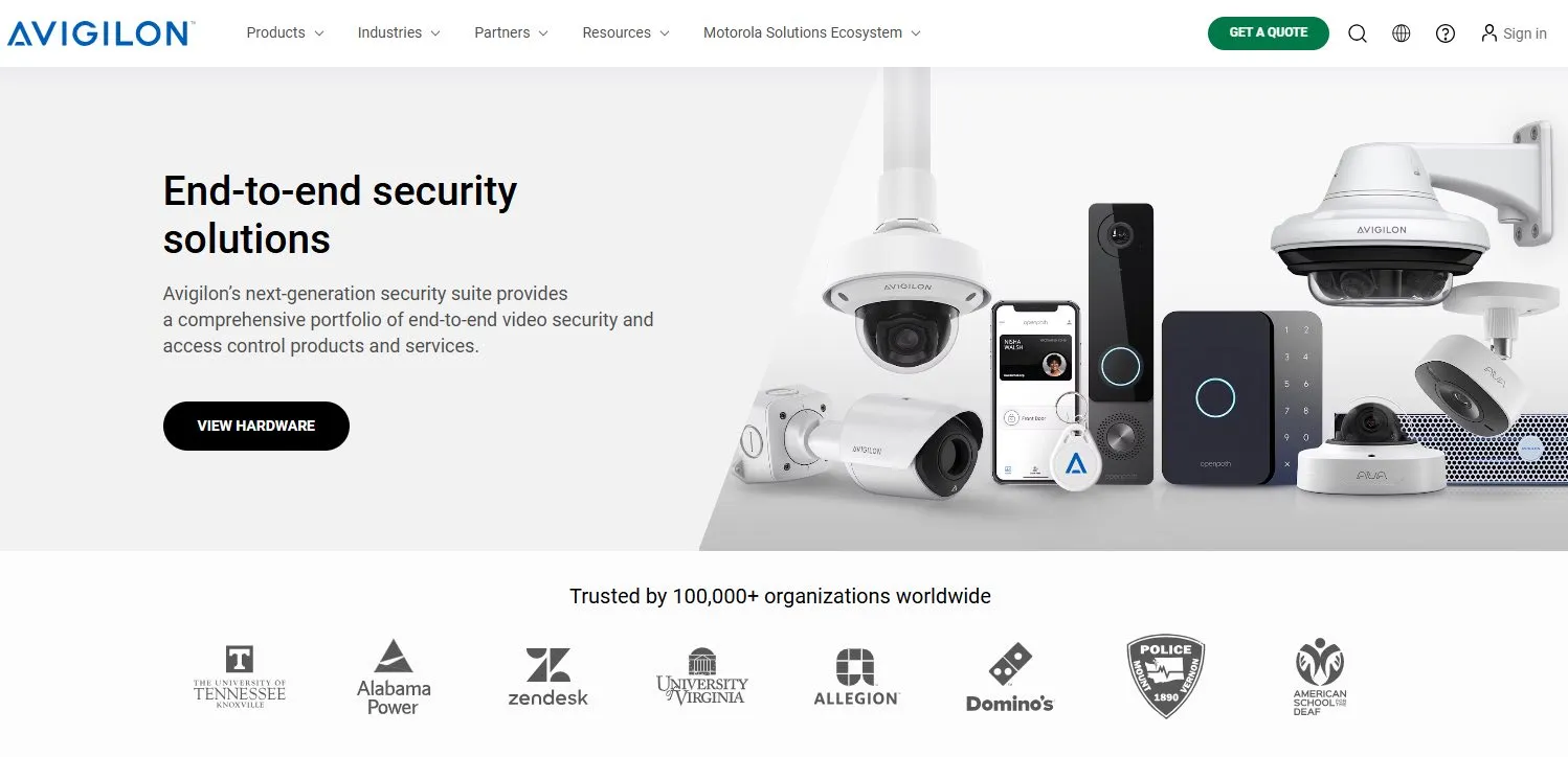 The Avigilon website showing its range of security cameras and access control hardware