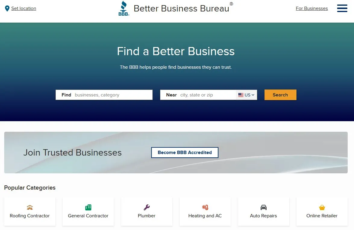 The Better Business Bureau's business directory homepage
