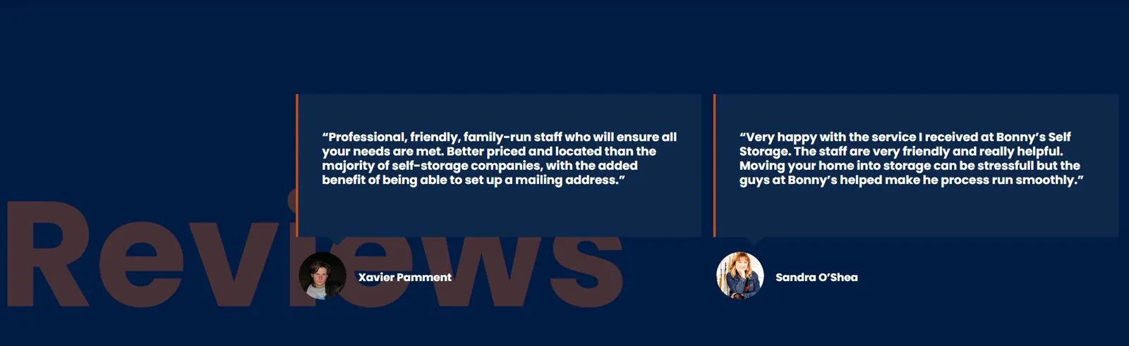 Bonnys Self Storage displaying customer reviews across its site