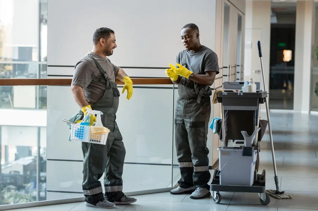 Two cleaners talking beside a cleaning trolley in a building corridor