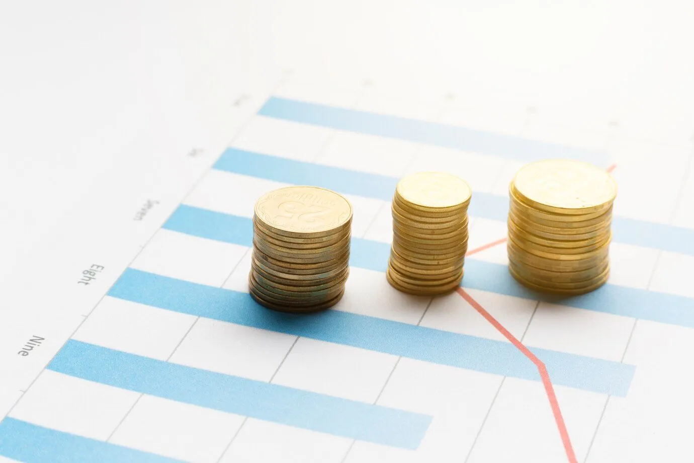 Three stacks of coins resting on a printed bar chart