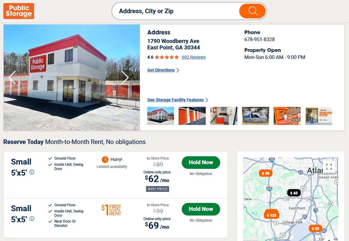 A storage facility page showing unit sizes with monthly prices and move-in offers