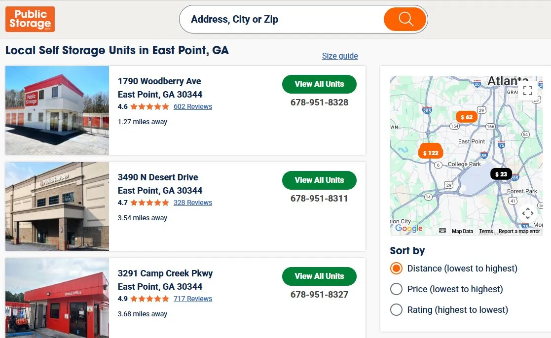 A storage brand's website listing three nearby facilities with ratings, distances and phone numbers