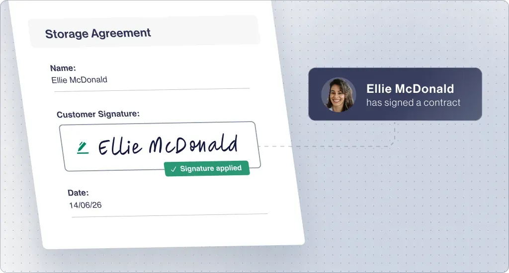 A storage agreement with a signature applied, and a notification confirming the customer has signed