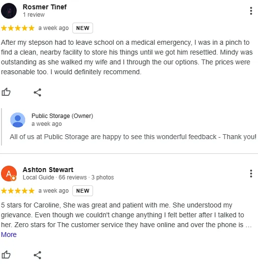 Two customer reviews of a storage facility, one with a reply from the owner