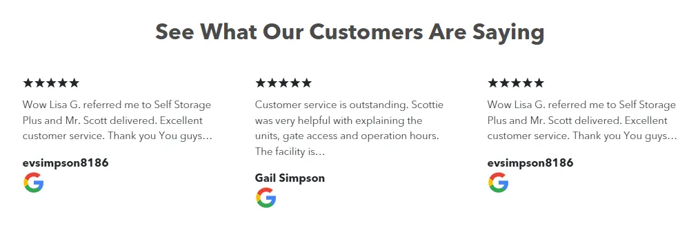A website section headed See What Our Customers Are Saying, with three five-star Google reviews