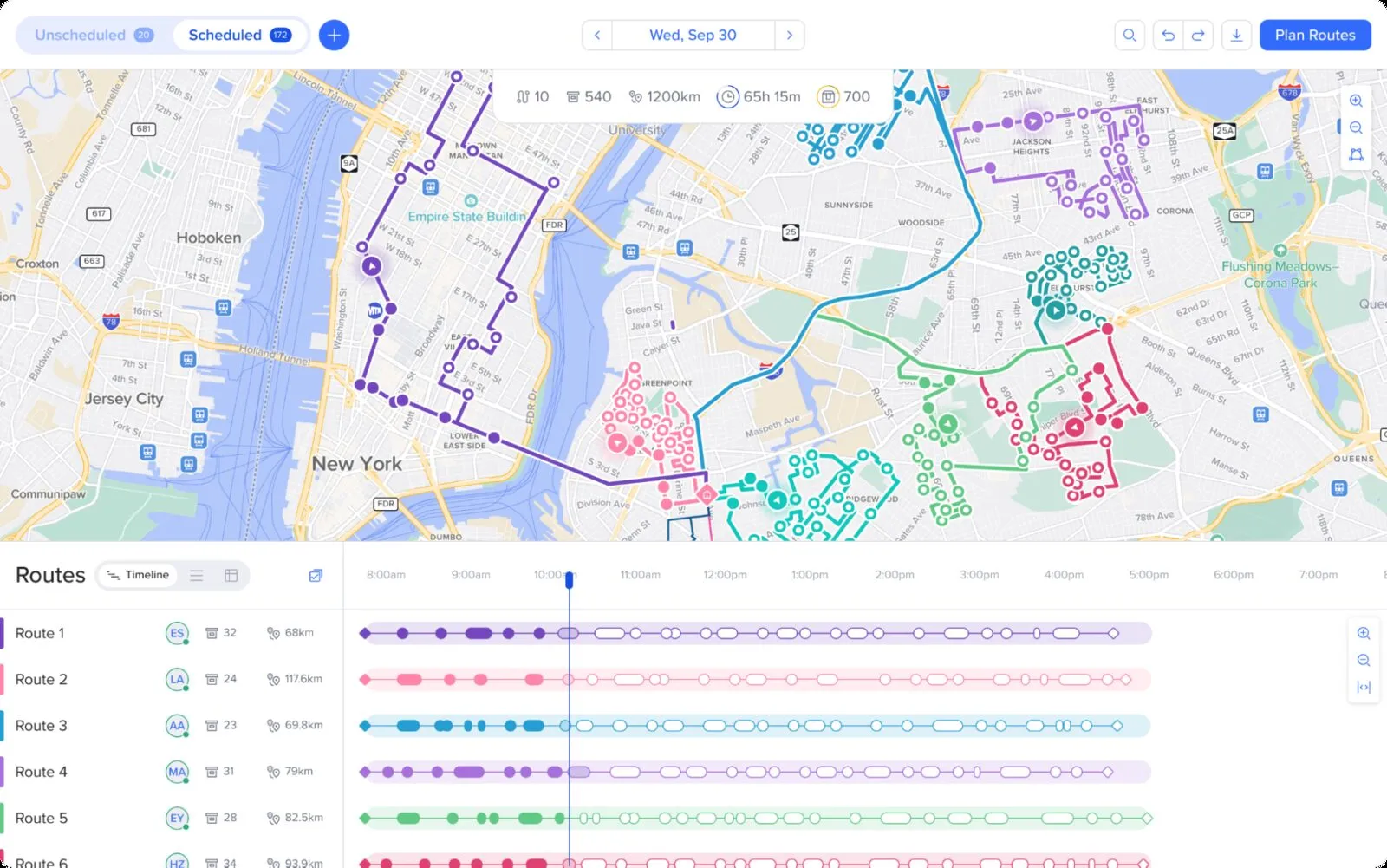 A route planning tool mapping several delivery routes across a city