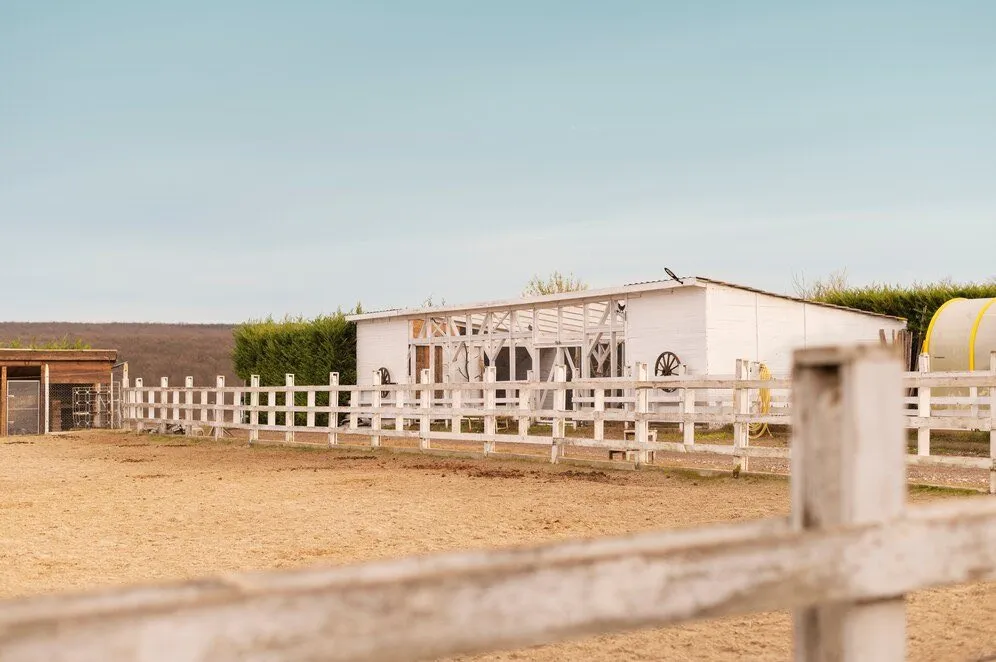 A white farm outbuilding behind a post-and-rail fence at the edge of a paddock