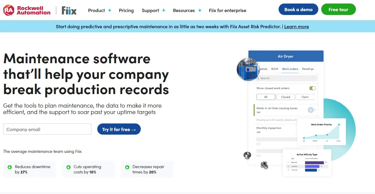 The Fiix homepage, maintenance management software showing work order dashboards