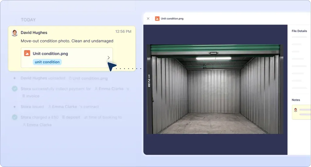 A unit condition photo uploaded to a customer's timeline, opened in the Stora file preview