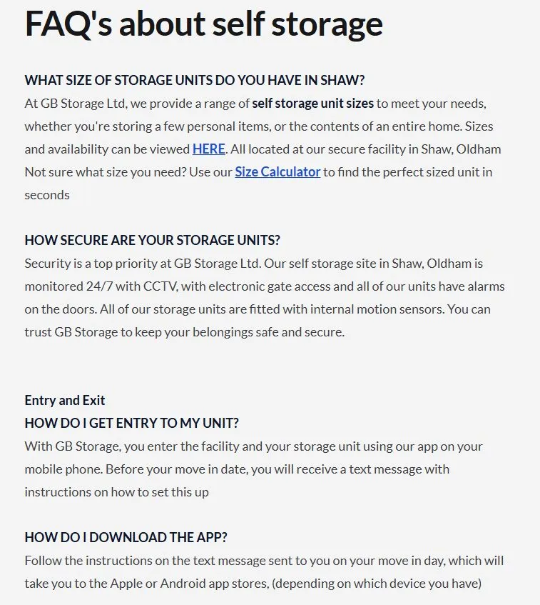 GB Storage's FAQ page answering common questions about unit sizes, security and access