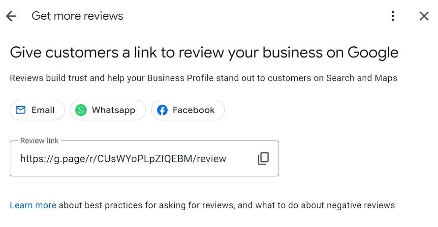 Google's Get more reviews panel with a shareable review link