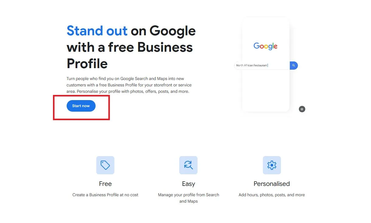 Google's page for creating a free Business Profile