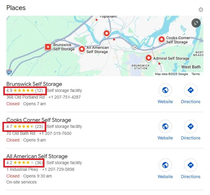 Google's local results for self storage in Brunswick, Maine, with star ratings highlighted
