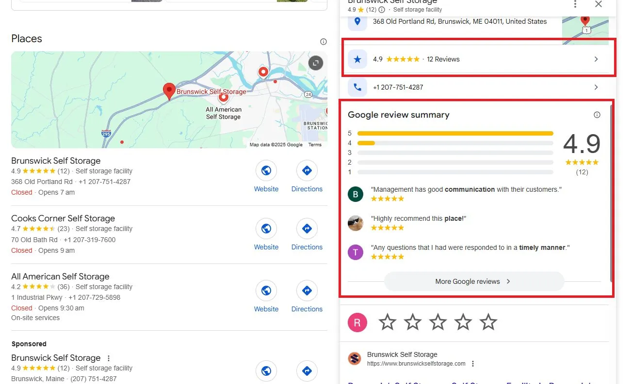 A Google business panel showing a 4.9 average and a breakdown of ratings