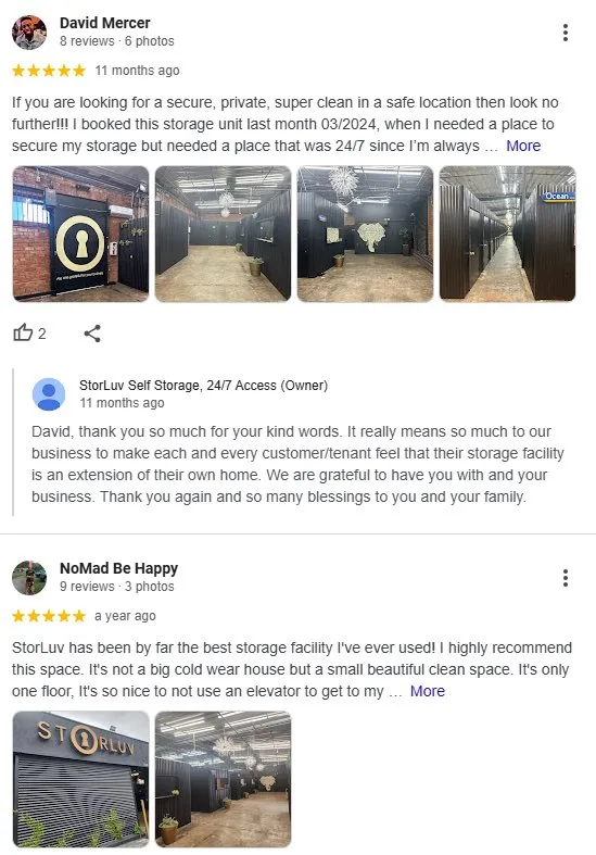Two five-star Google reviews of a storage facility, each answered by the owner