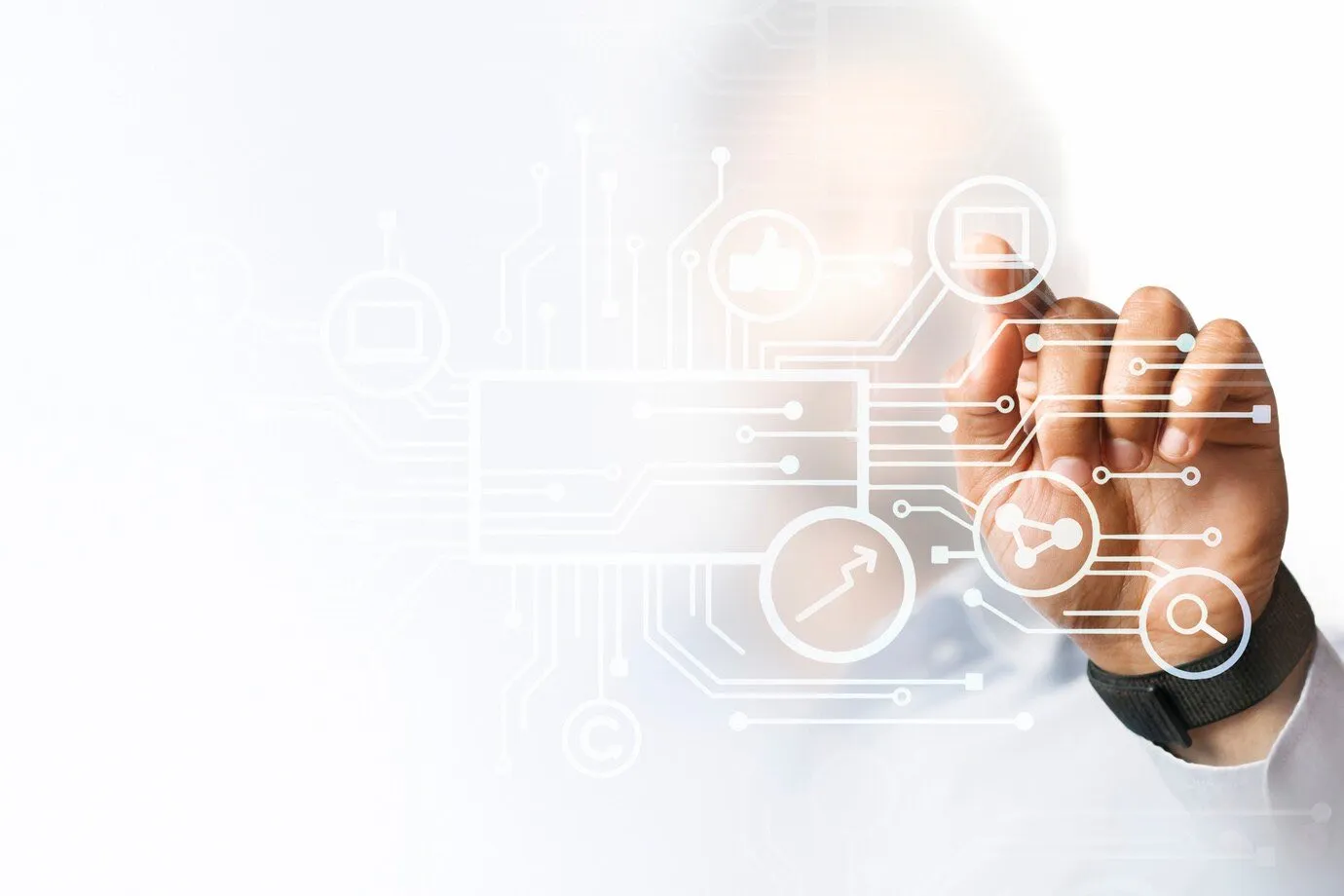 A hand touching a display of connected technology and analytics icons