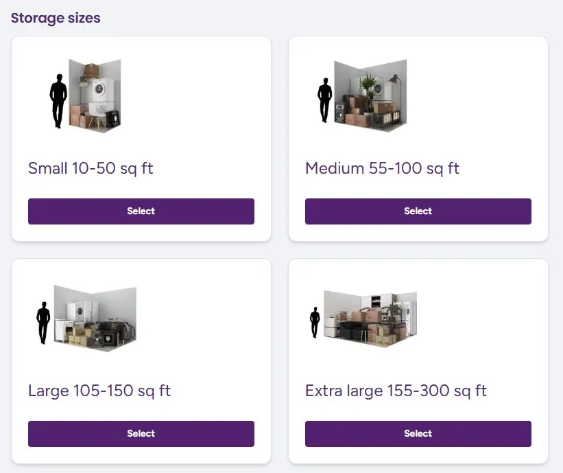 Indoor Self Storage's unit size selector, with a figure shown for scale
