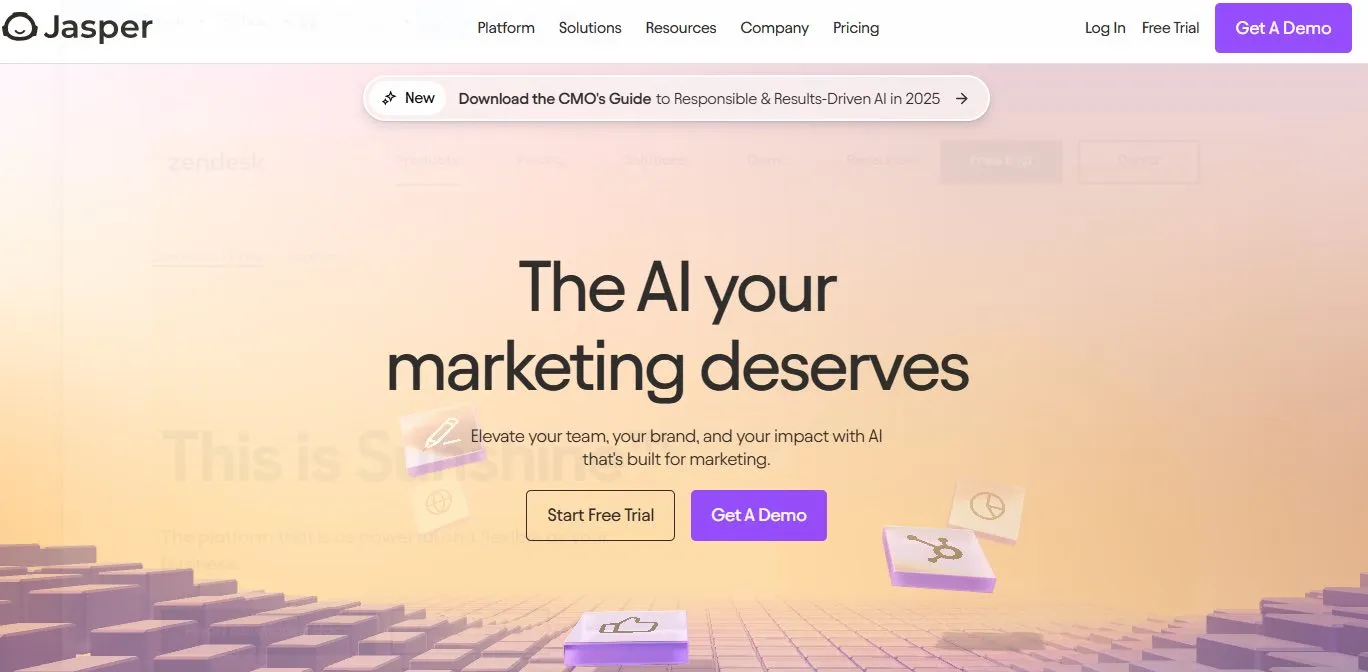 The Jasper homepage, an AI writing tool aimed at marketing teams