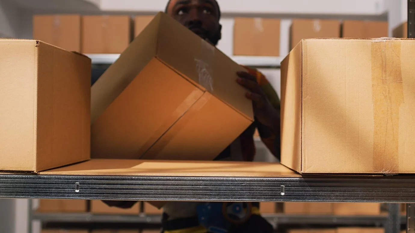 A person lifting cardboard boxes onto storage shelving