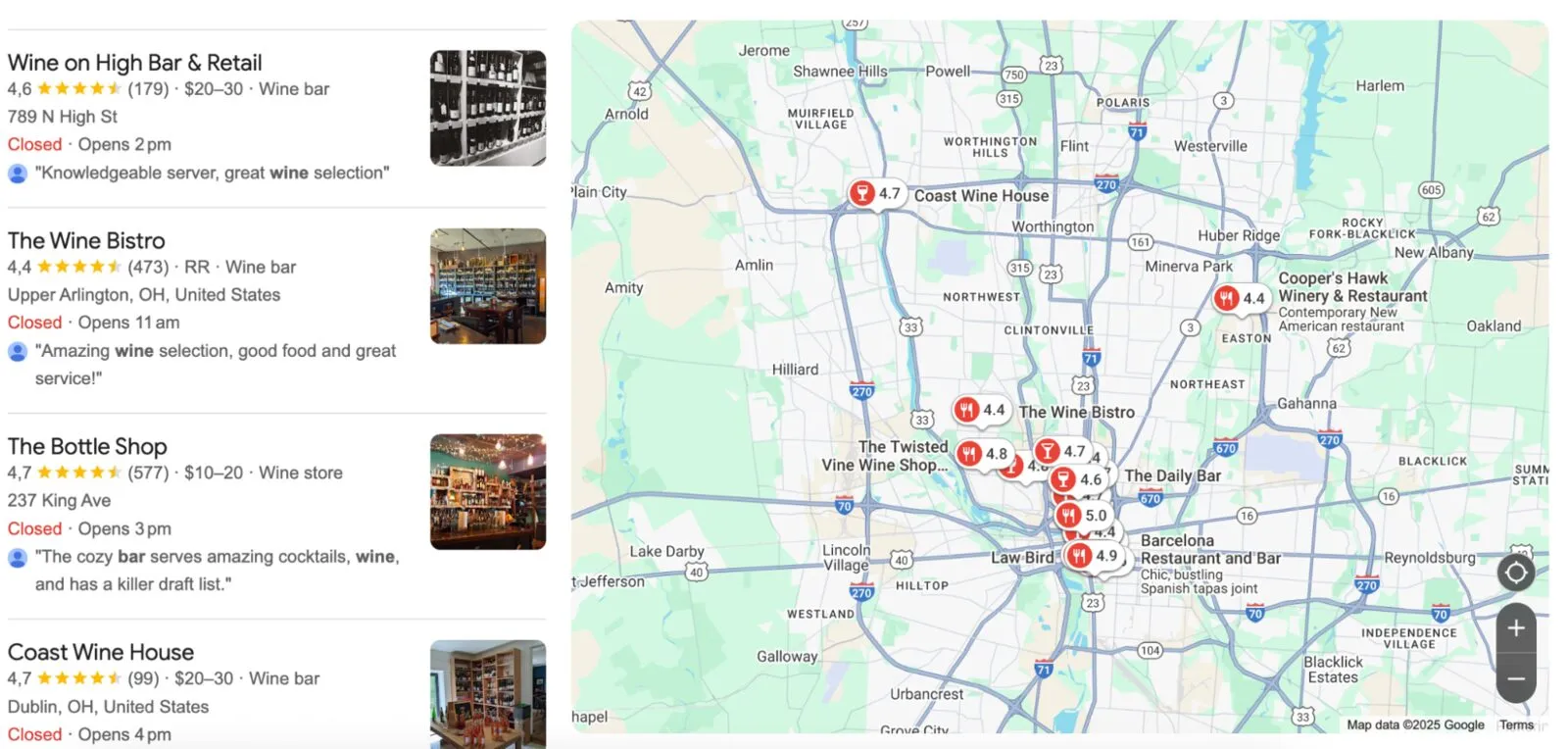 A map search showing wine bars and merchants across a city