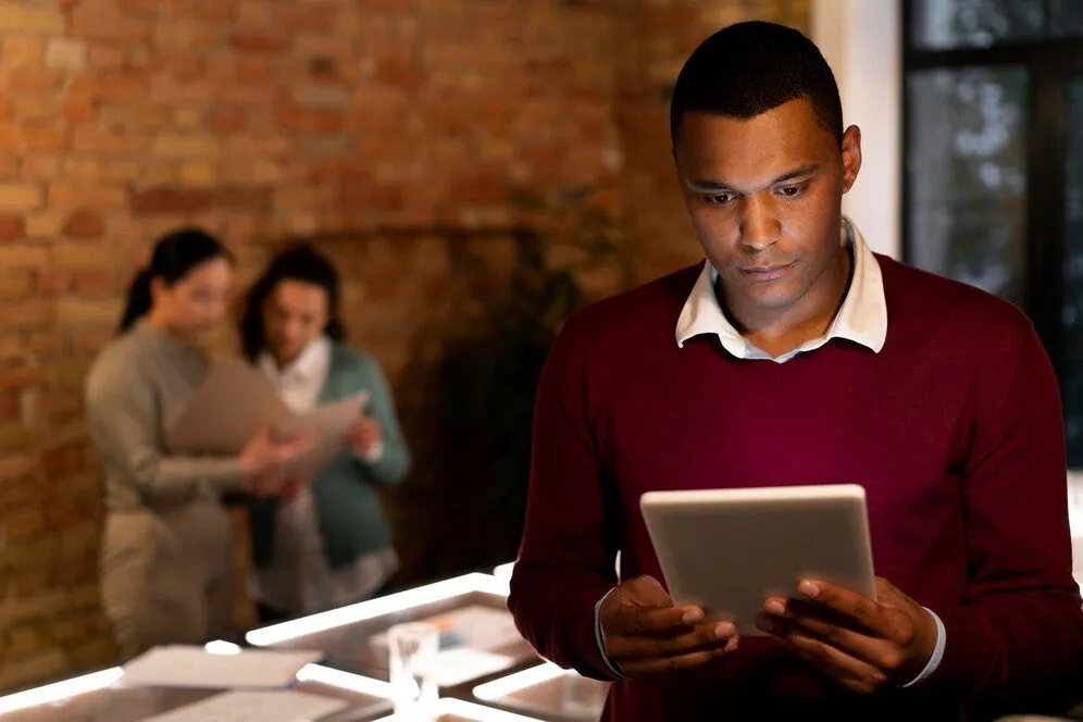 A man using a tablet in an office with colleagues behind him