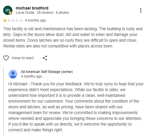 A critical Google review answered with a measured reply from the owner