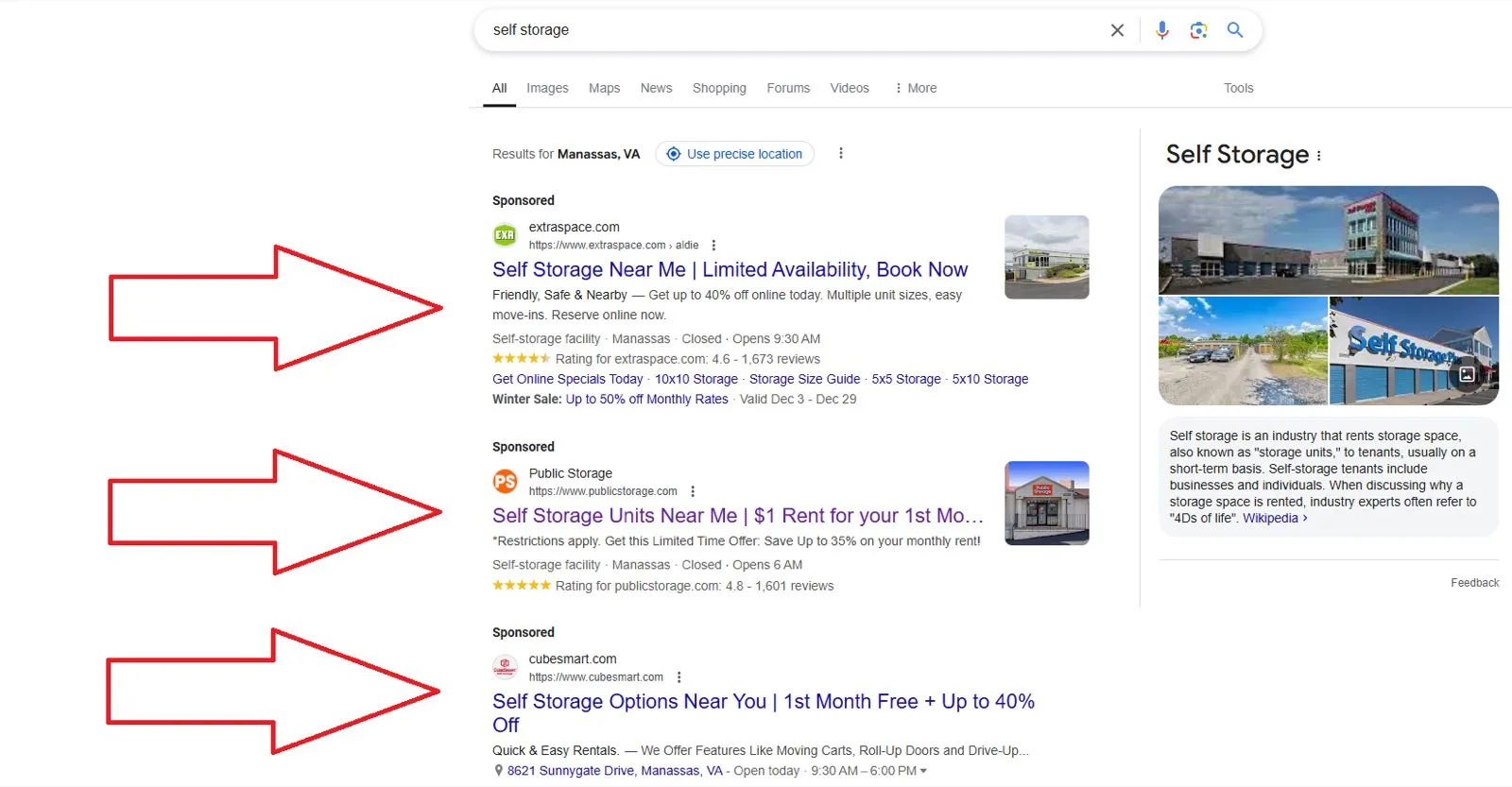 Google search results with red arrows highlighting three sponsored storage advertisements above the organic listings