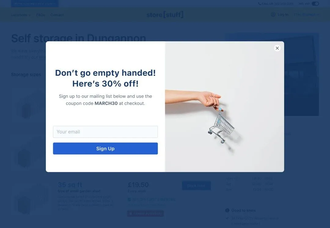 A discount pop-up form capturing an email address before the visitor leaves