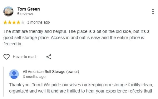 A positive Google review answered with a reply from the facility owner