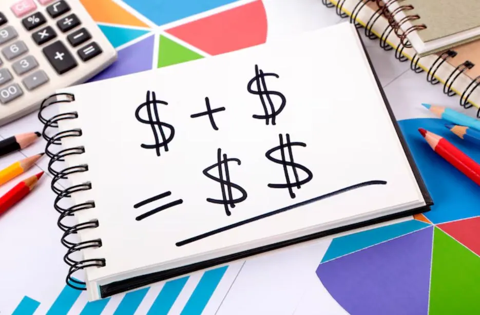 A notepad showing dollar signs added together, resting on colourful charts