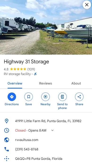 A Google Business Profile for an RV storage facility showing rating, address and opening hours