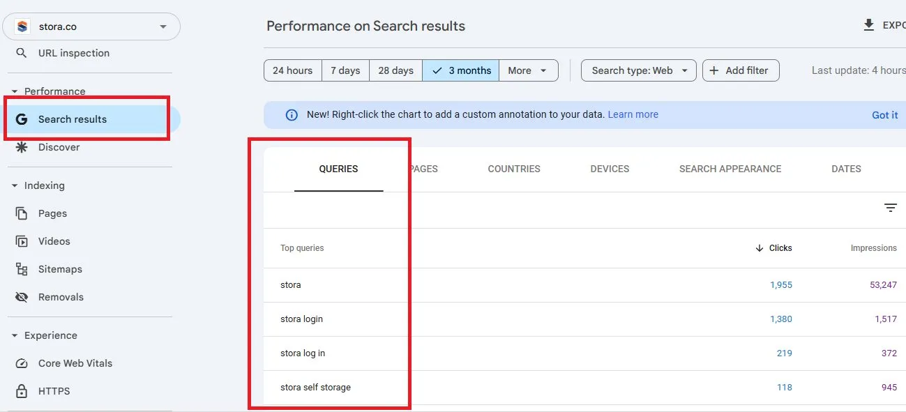Google Search Console's Search results report showing the queries a site ranks for
