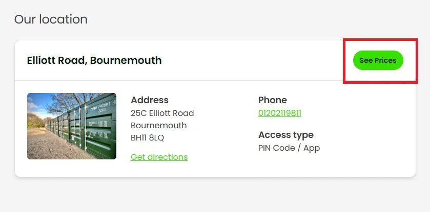 Secured Spaces' location panel with a prominent See Prices call to action