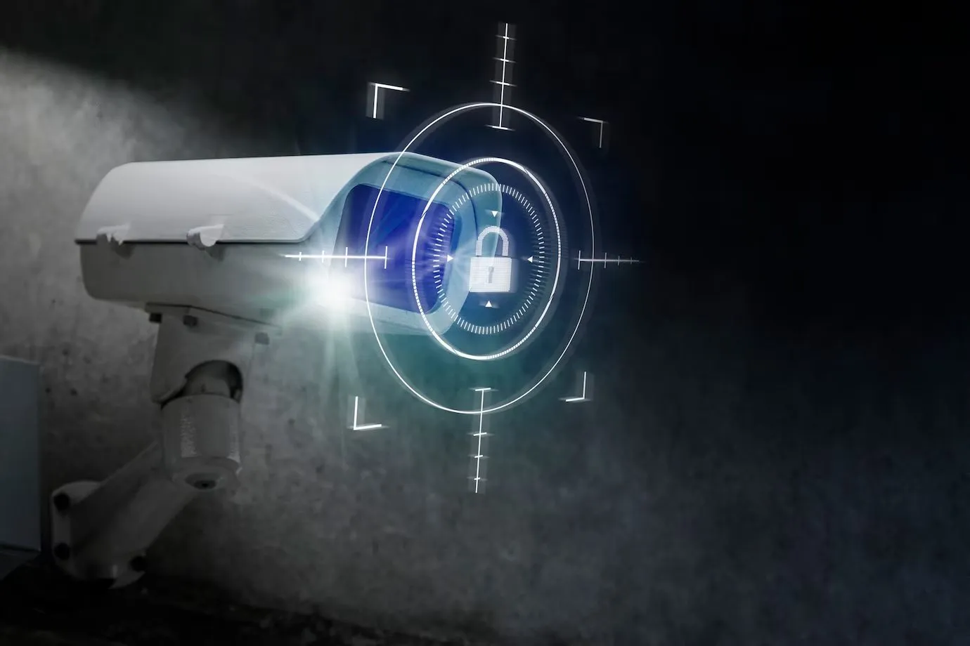 A CCTV camera overlaid with a digital padlock graphic