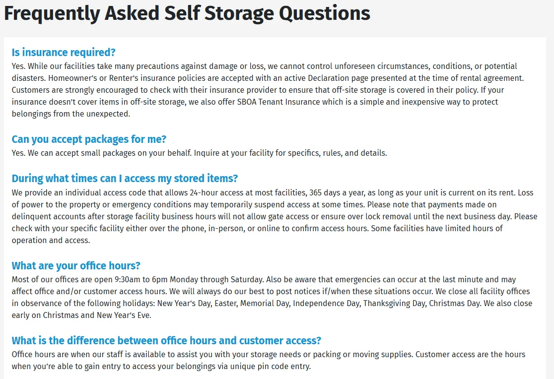 A self storage website FAQ page answering questions on insurance, access hours and office hours