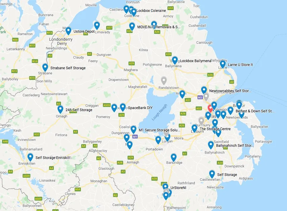 A map of Northern Ireland with self storage facilities marked across the region