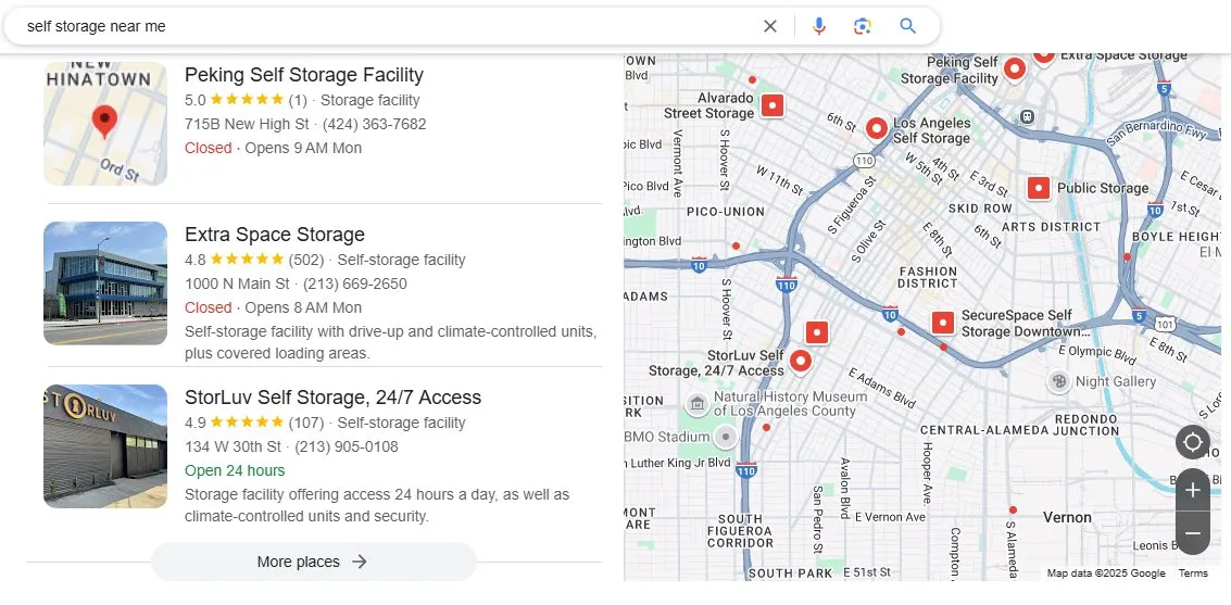 A Google local pack for a self storage near me search, showing three facilities on a map