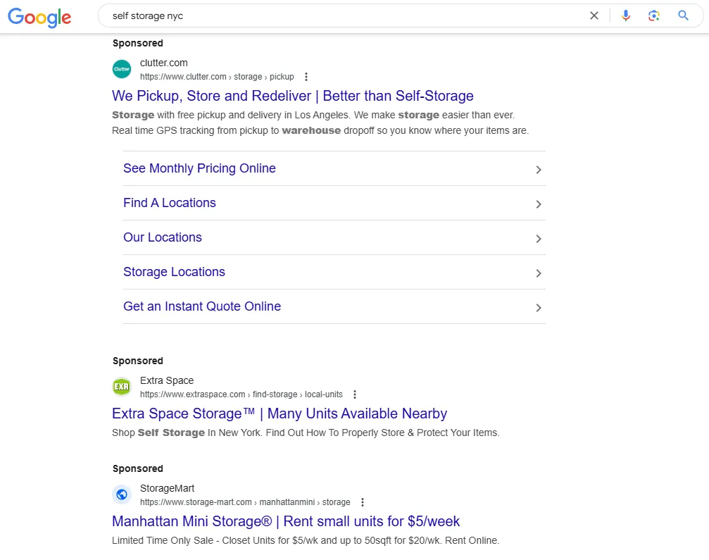 Google search results for self storage showing several sponsored advertisements above the organic listings