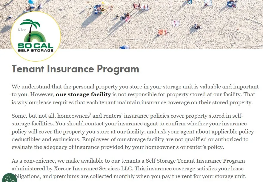 SoCal Self Storage's tenant insurance programme page explaining coverage
