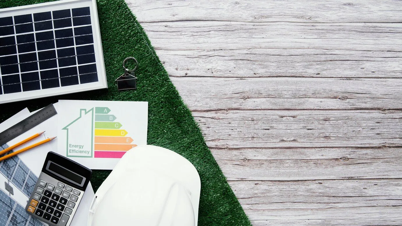 A solar panel, energy efficiency rating chart, calculator and hard hat laid out on turf