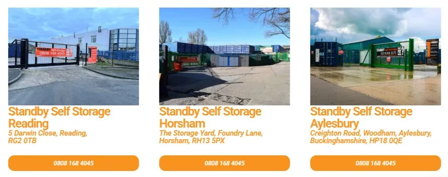 Standby Self Storage location cards, each using a real photo of the site