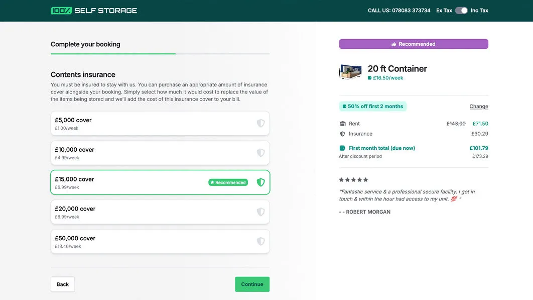 Stora's checkout offering tenant insurance cover levels during booking