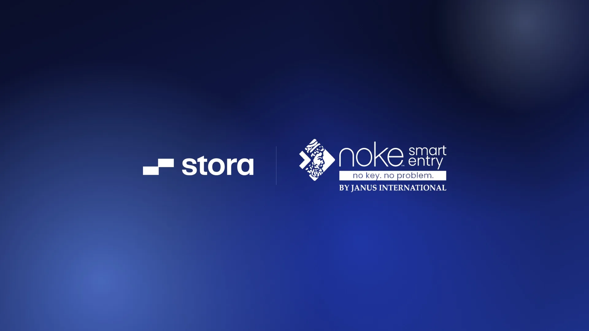 The Stora logo beside the Nokē Smart Entry by Janus International logo on a navy background